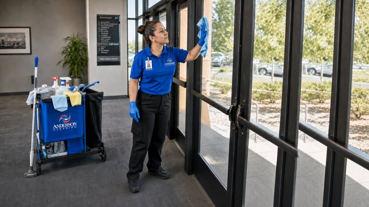 Day porter cleaning the glass entry doors of an office lobby during business hours