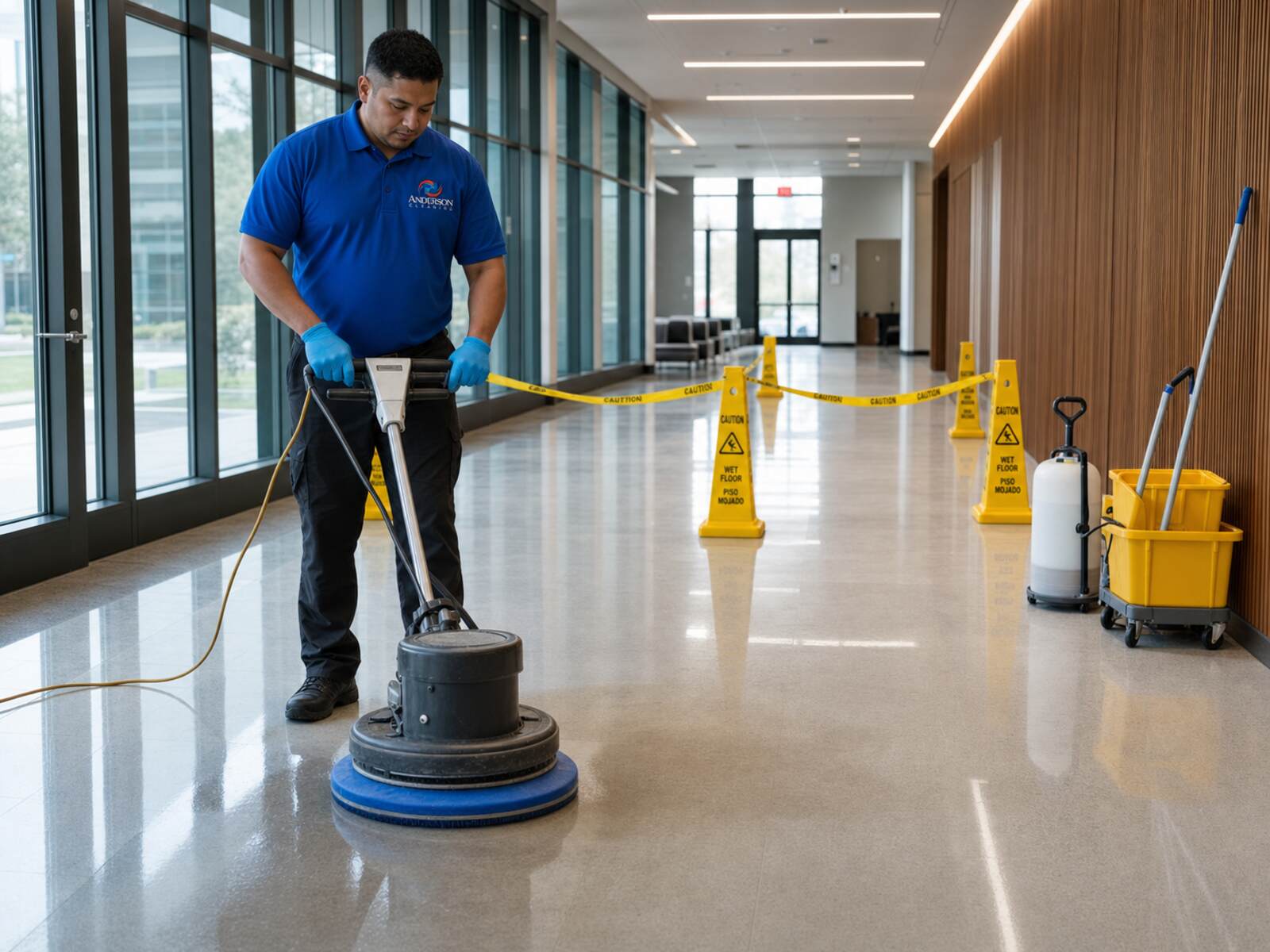 Commercial floor technician polishing a business facility floor