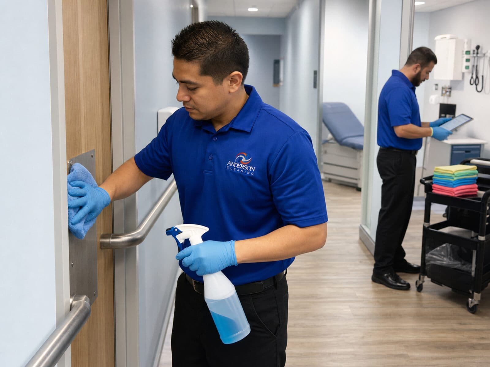 Commercial cleaning team disinfecting a healthcare support corridor
