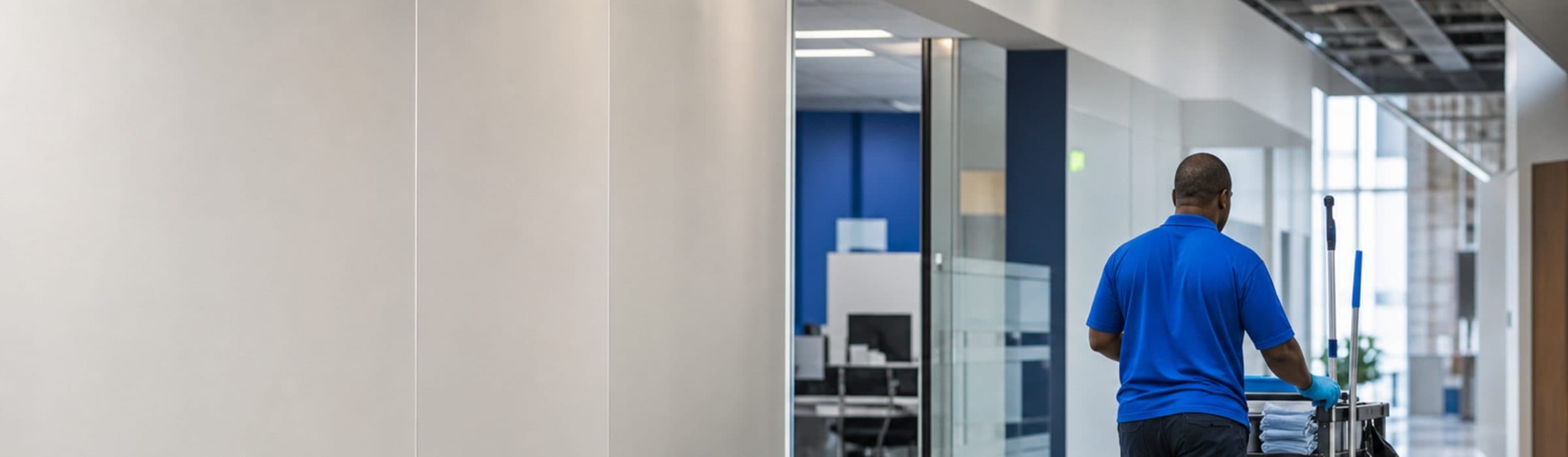 Commercial cleaner moving through a modern business corridor