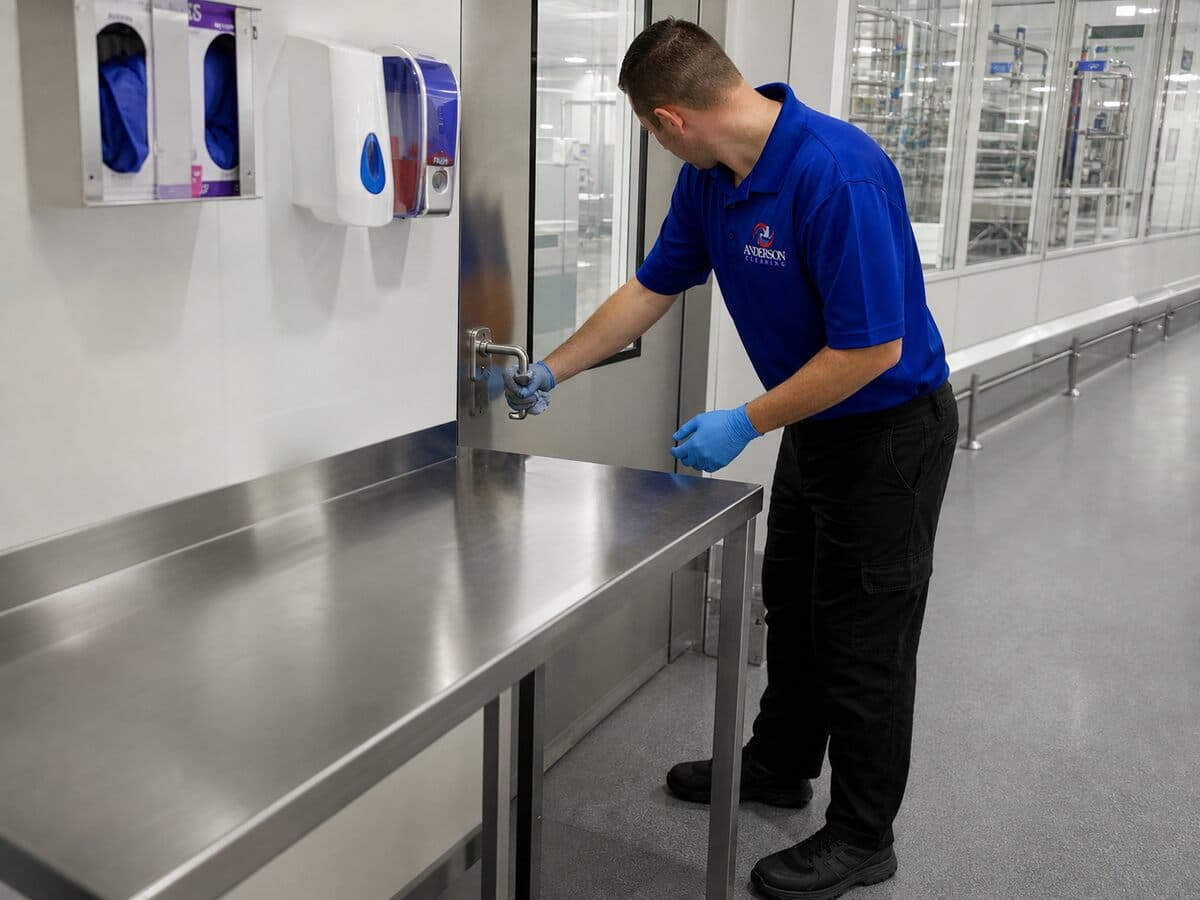 Cleaning technician servicing a life sciences support area