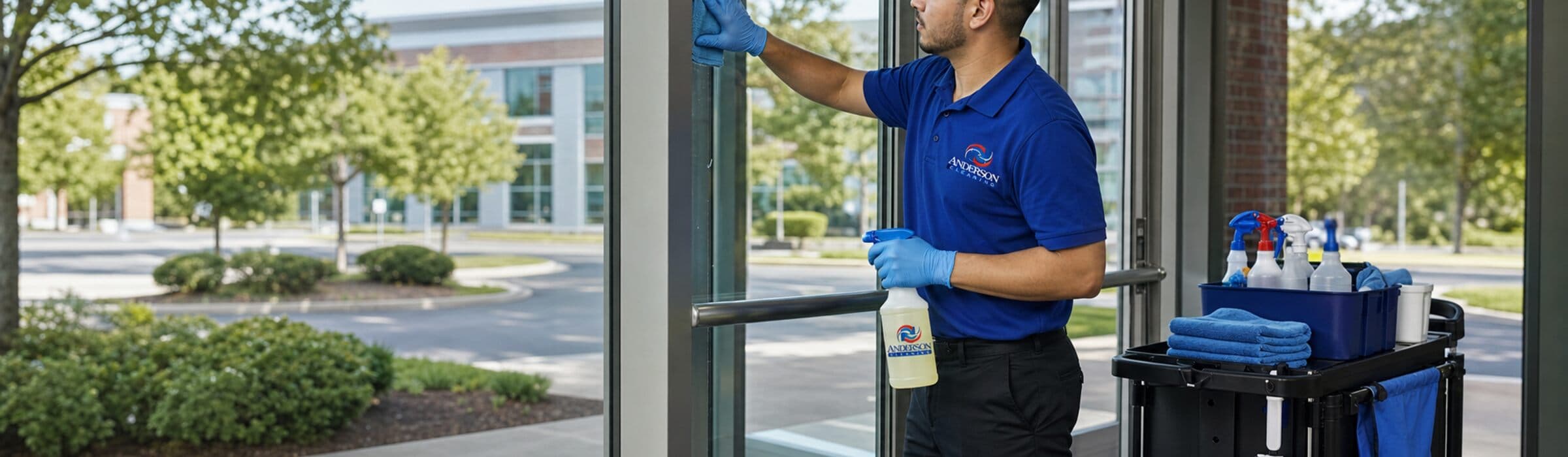 Commercial cleaner detailing glass at a regional business entrance