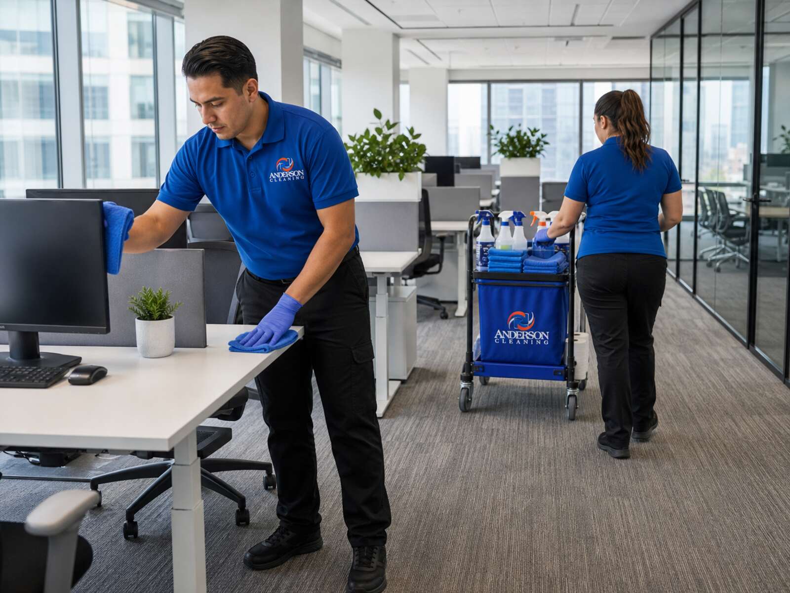 Commercial cleaning team servicing a modern office