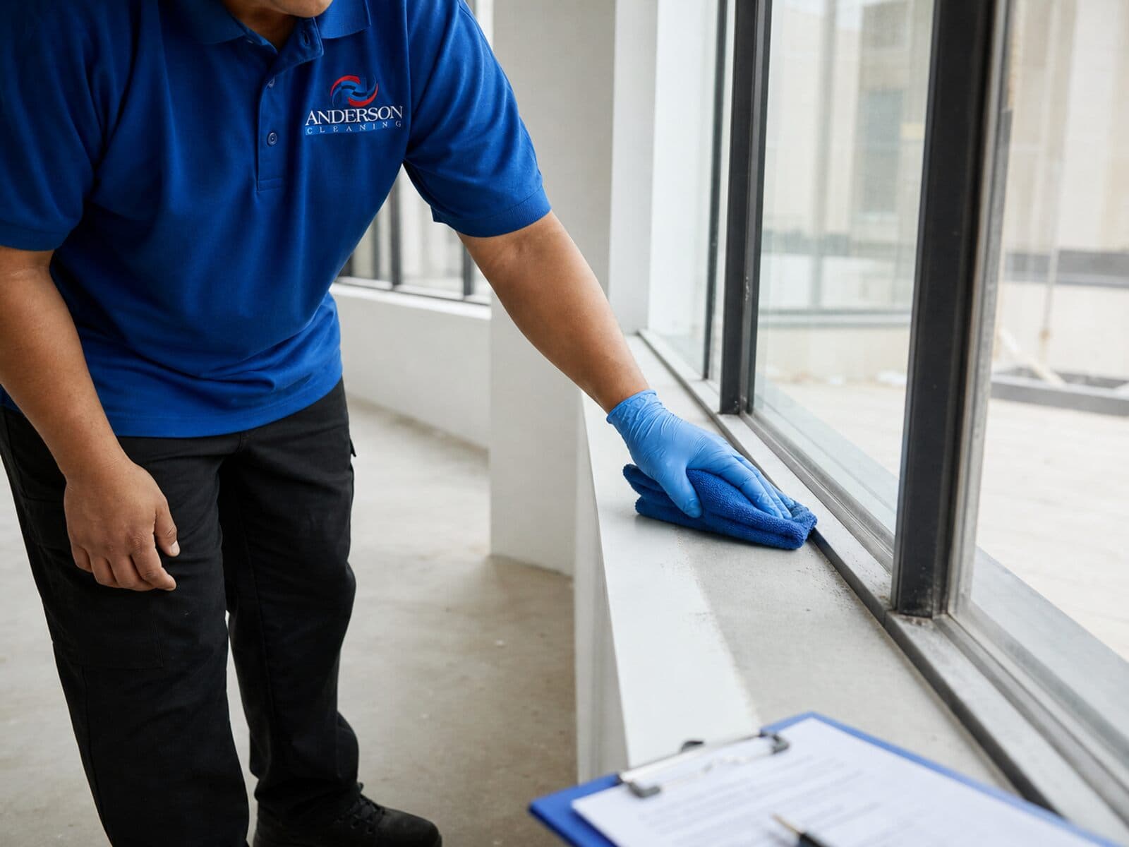Cleaning technician completing a documented final-detail scope