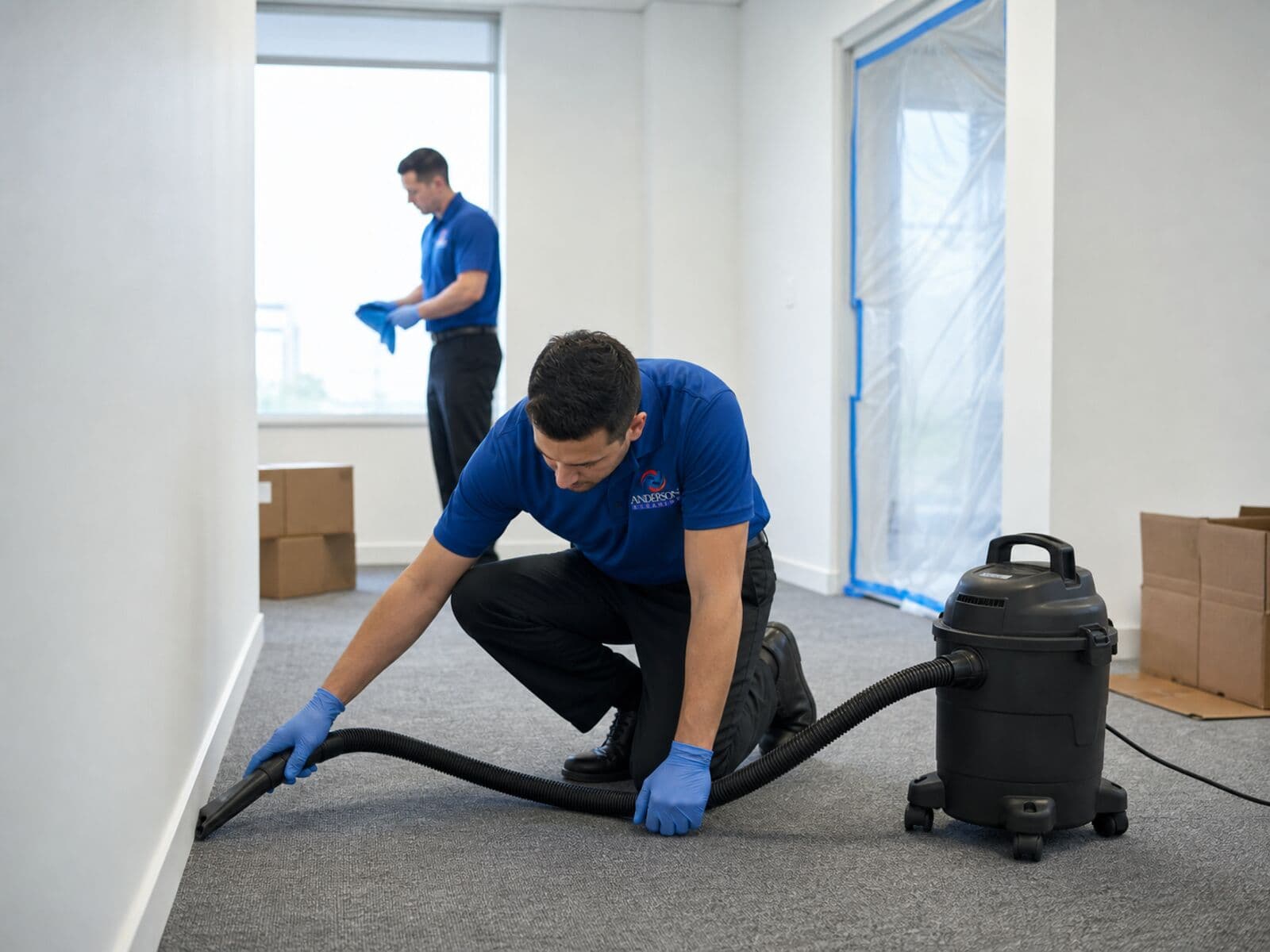 Commercial cleaning team completing post-construction detail work