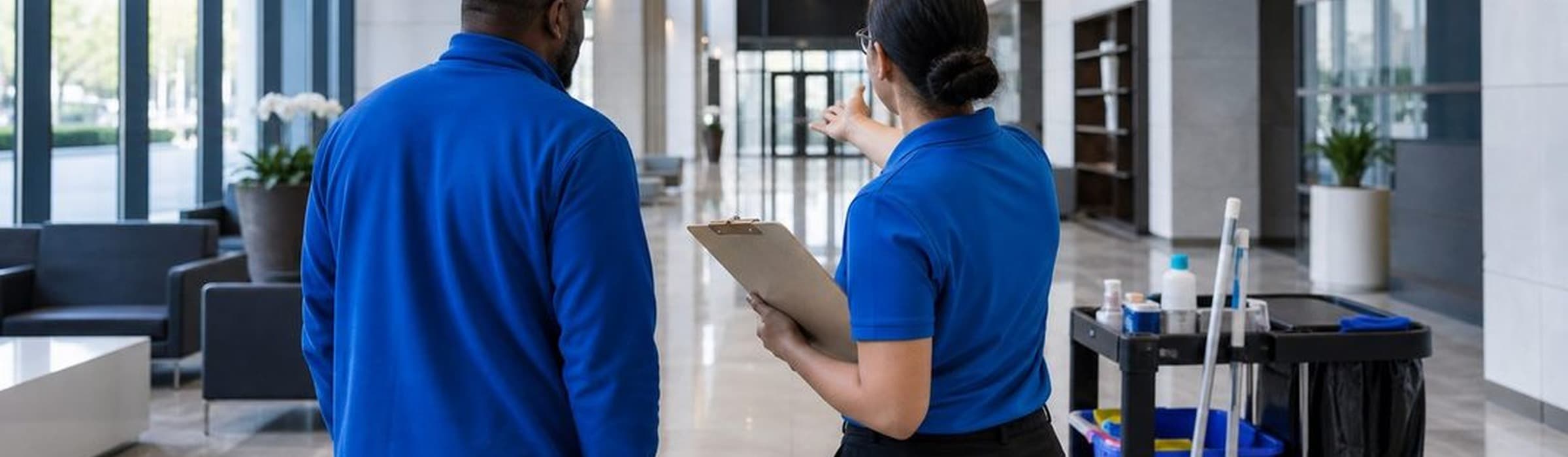 Commercial facility walkthrough during a cleaning service assessment